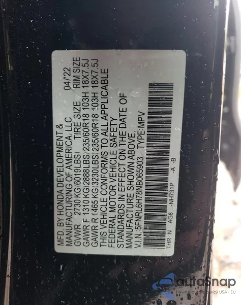 2022 Honda Odyssey Exl from USA, damaged, VIN 5FNRL6H78NB065903